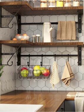 Wood and metal set of 2 corner floating shelves